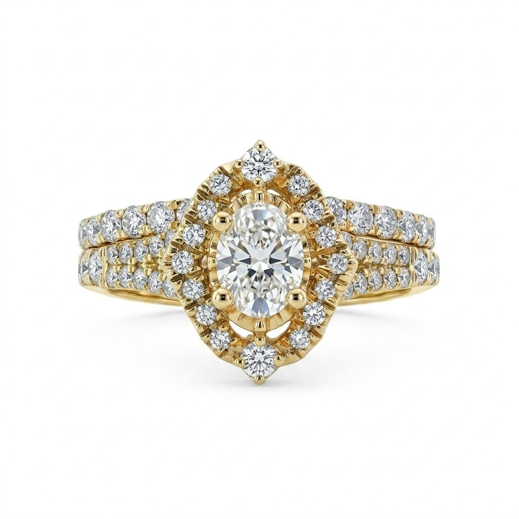 14K Yellow Gold Round Diamond Halo Wedding Set