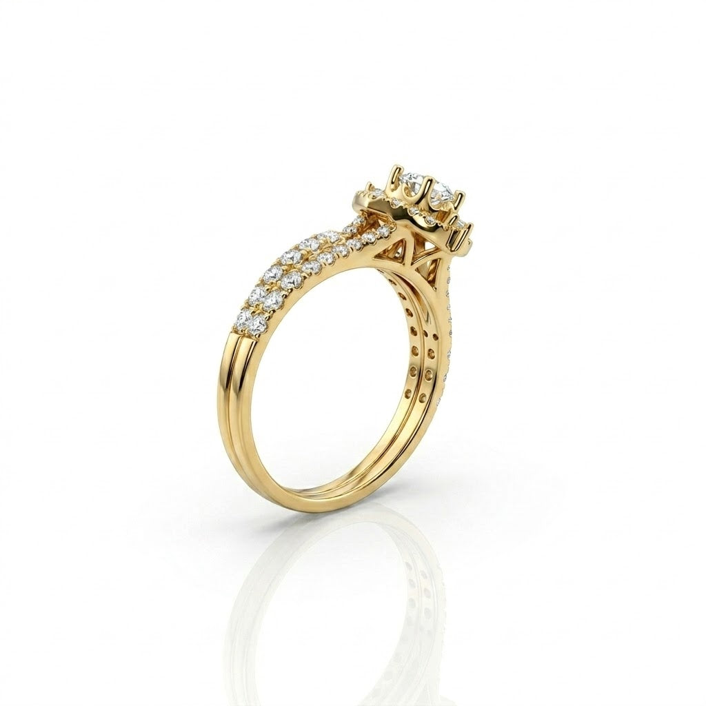 14K Yellow Gold Round Diamond Halo Wedding Set