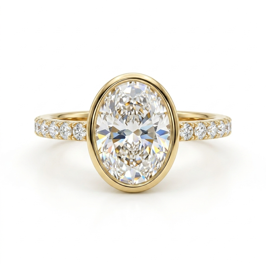 Oval Lab-Grown Diamond Engagement Ring | 14K Yellow Gold | Bezel Set with Round Side Diamonds | 2.23 ctw | Modern Solitaire - Brownee Jewelers