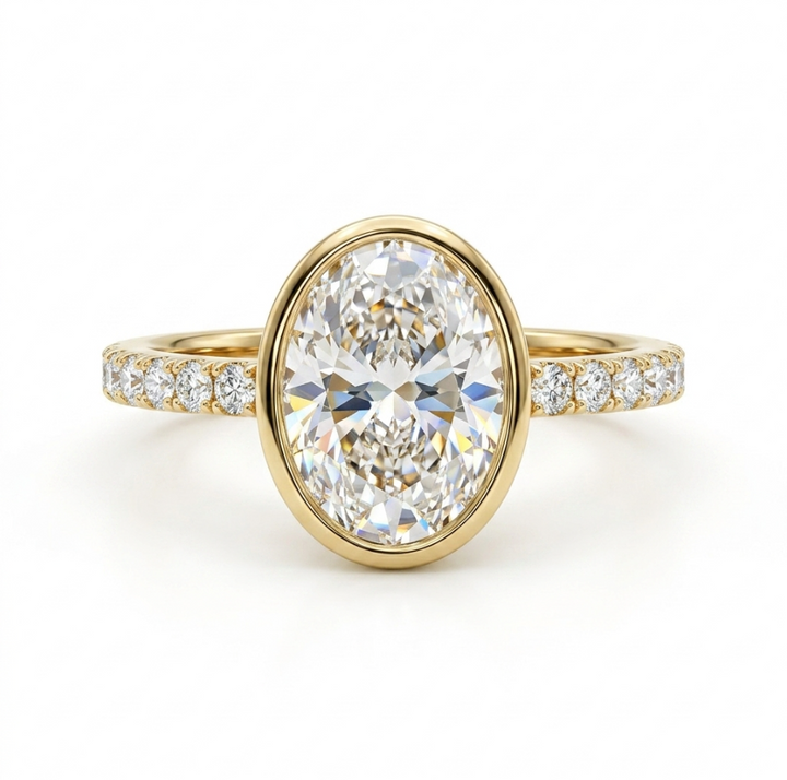 Oval Lab-Grown Diamond Engagement Ring | 14K Yellow Gold | Bezel Set with Round Side Diamonds | 2.23 ctw | Modern Solitaire - Brownee Jewelers