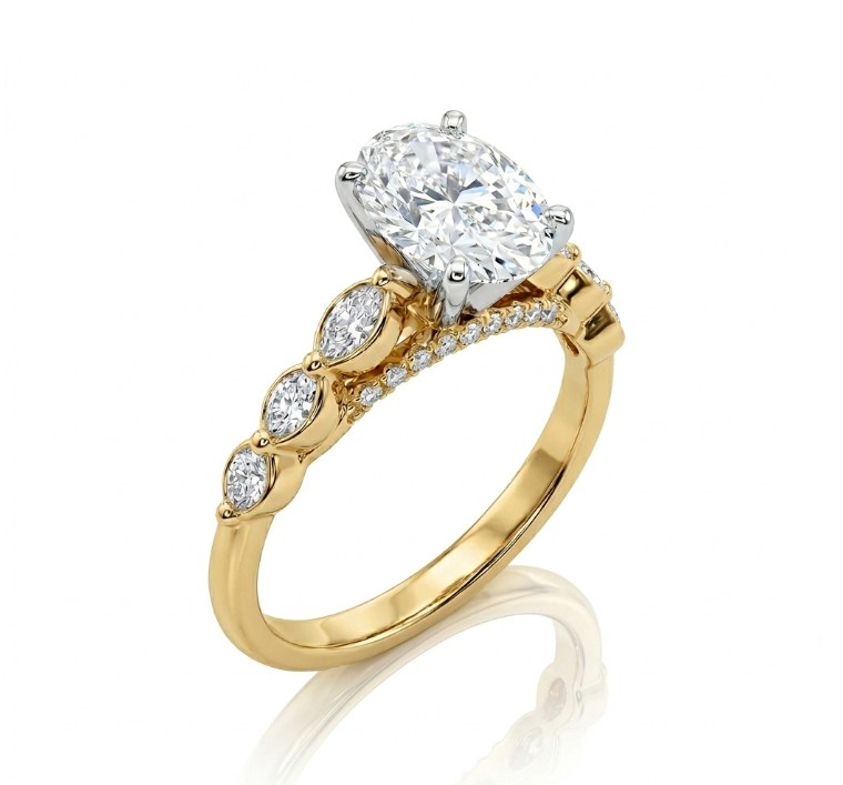 Oval Lab-Grown Diamond Engagement Ring | 14K Two-Tone Gold | 2.11 ct Oval | Marquise & Round Accents | G Color, VS2 | Floral Band Design - Brownee Jewelers