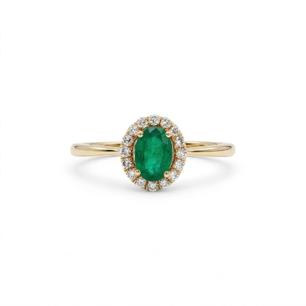 Oval-Shaped Green Emerald with Halo of Round Diamonds Ring in 14kt Yellow Gold