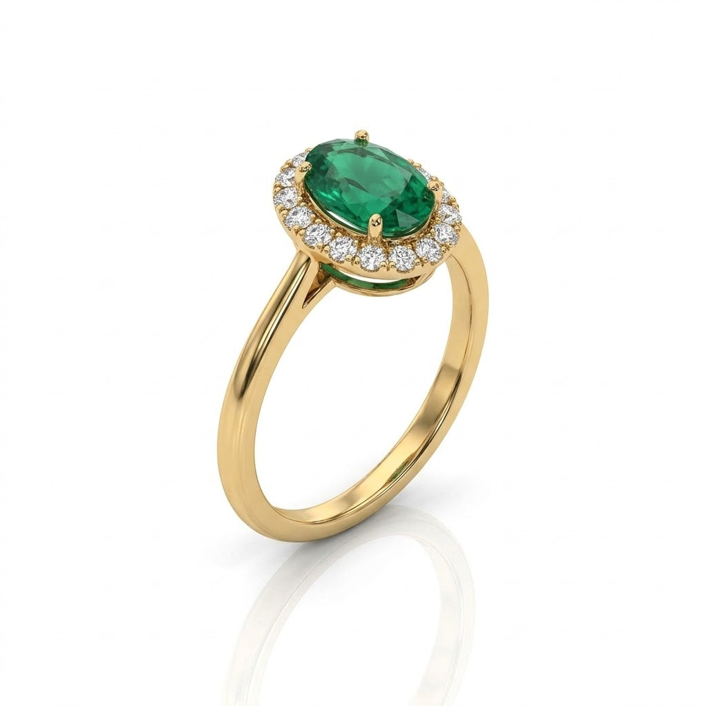 Oval-Shaped Green Emerald with Halo of Round Diamonds Ring in 14kt Yellow Gold