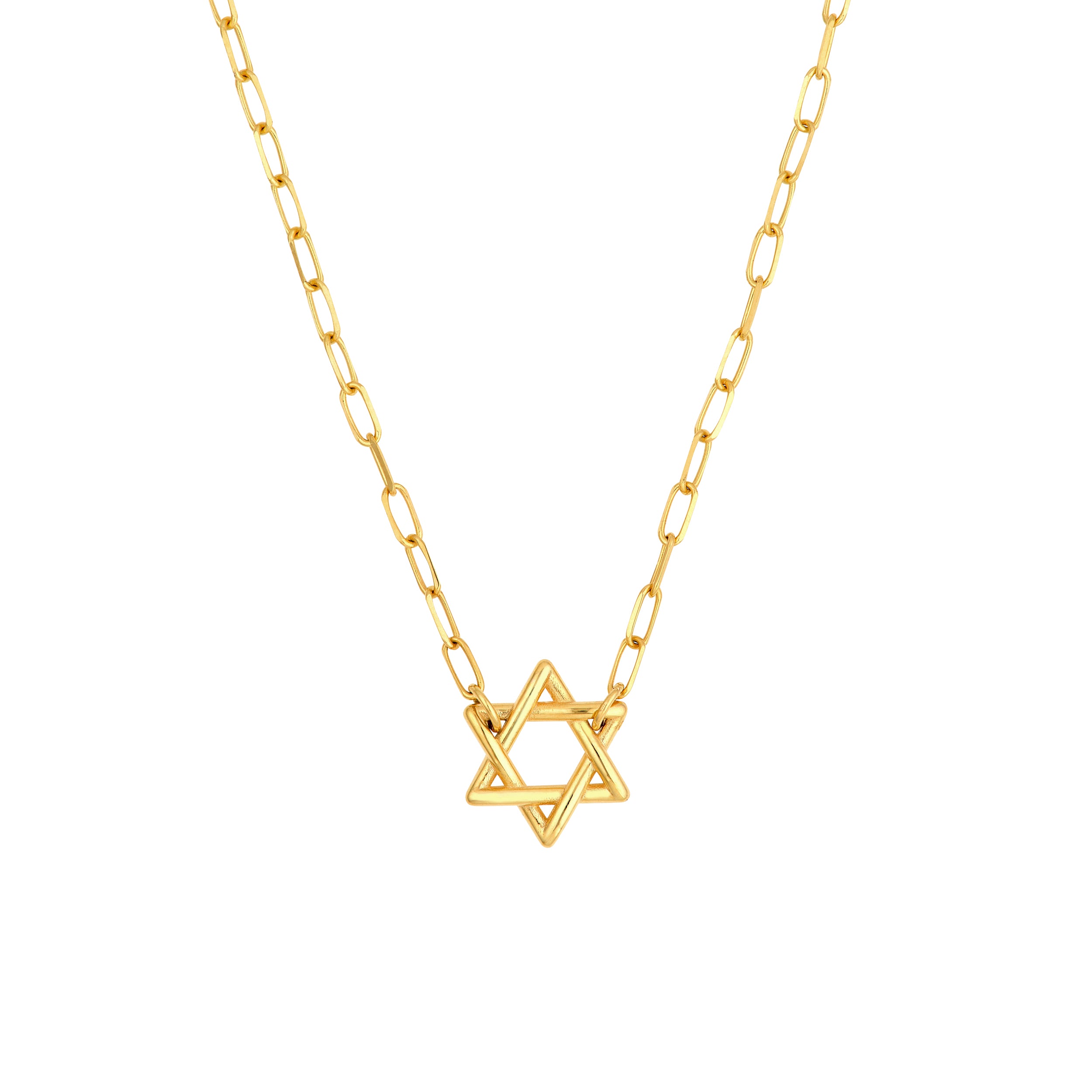 14K Yellow Gold Star of David Paperclip Chain Necklace 18 Inch