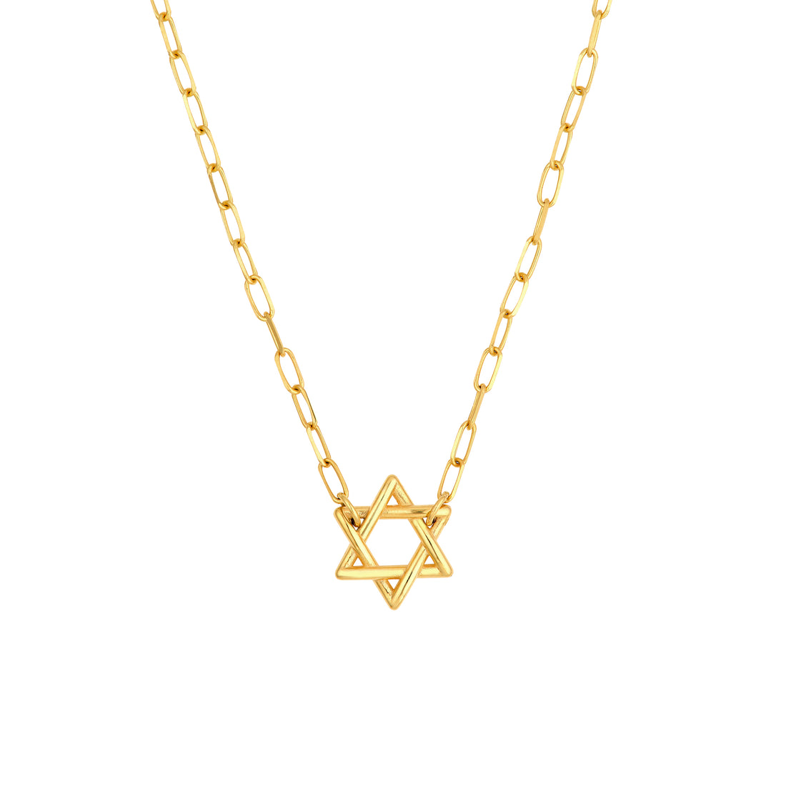 14K Yellow Gold Star of David Paperclip Chain Necklace 18 Inch