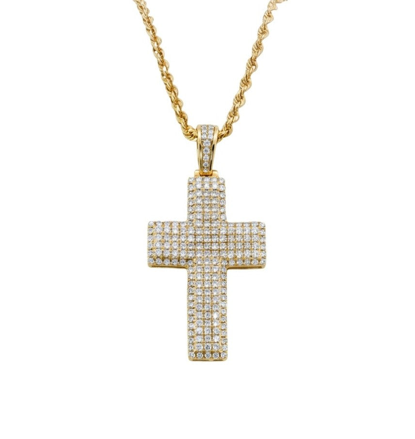 Round Diamond Pavé Cross Pendant Necklace in 10kt Yellow Gold
