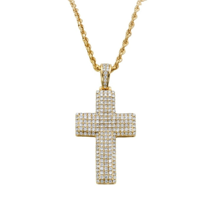 Round Diamond Pavé Cross Pendant Necklace in 10kt Yellow Gold