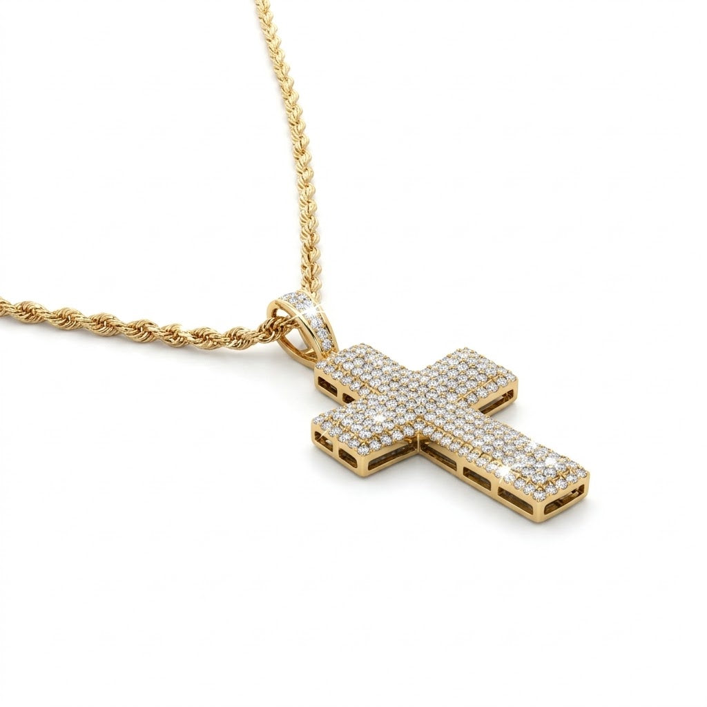 Round Diamond Pavé Cross Pendant Necklace in 10kt Yellow Gold