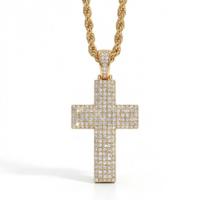 Round Diamond Pavé Cross Pendant Necklace | 10K Yellow Gold | 20" Chain | Classic Faith Design - Brownee Jewelers