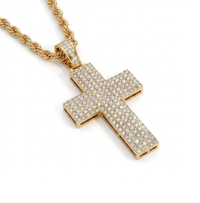 Round Diamond Pavé Cross Pendant Necklace | 10K Yellow Gold | 20" Chain | Classic Faith Design - Brownee Jewelers
