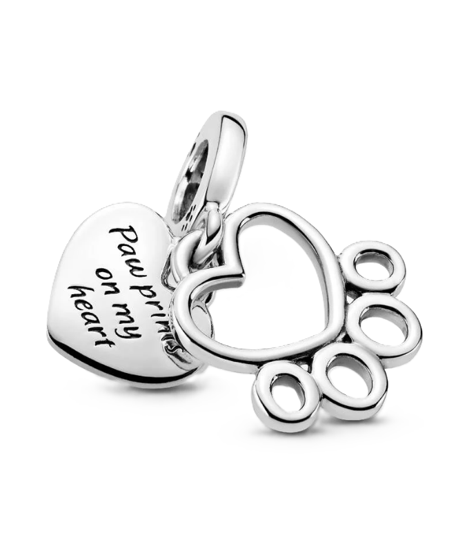 Pandora Heart and Paw Print Dangle Charm in Sterling Silver with "Paw prints on my heart" Engraving
