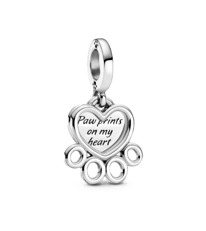 Pandora Heart and Paw Print Dangle Charm in Sterling Silver with "Paw prints on my heart" Engraving