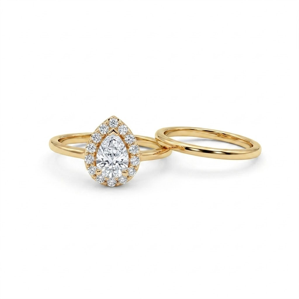 Pear Diamond Halo Bridal Set | 14K Yellow Gold Engagement Ring & Wedding Band | 0.50 CT Center Diamond