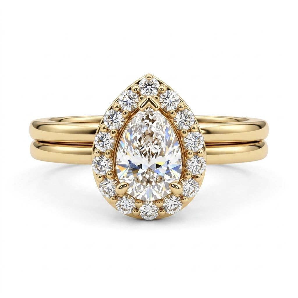 Pear Diamond Halo Bridal Set | 14K Yellow Gold Engagement Ring & Wedding Band | 0.50 CT Center Diamond