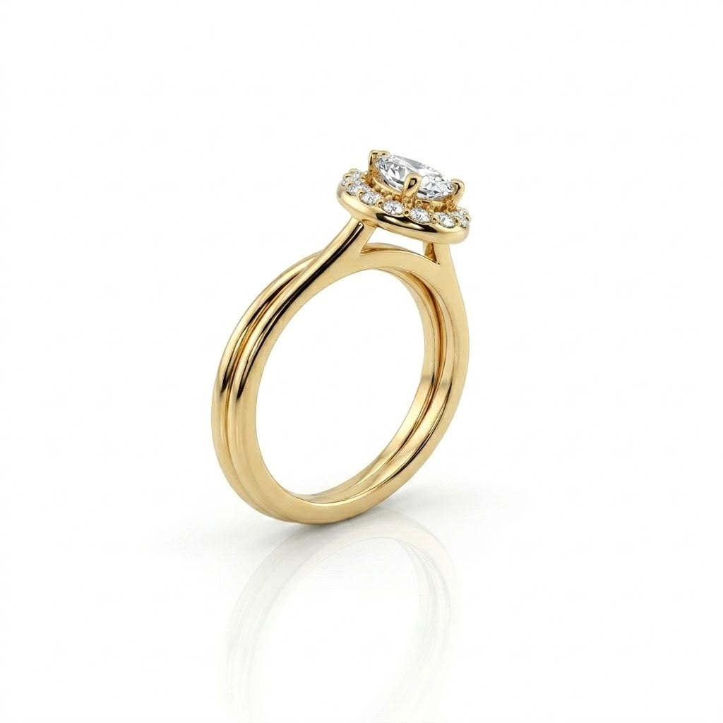 Pear Diamond Halo Bridal Set | 14K Yellow Gold Engagement Ring & Wedding Band | 0.50 CT Center Diamond