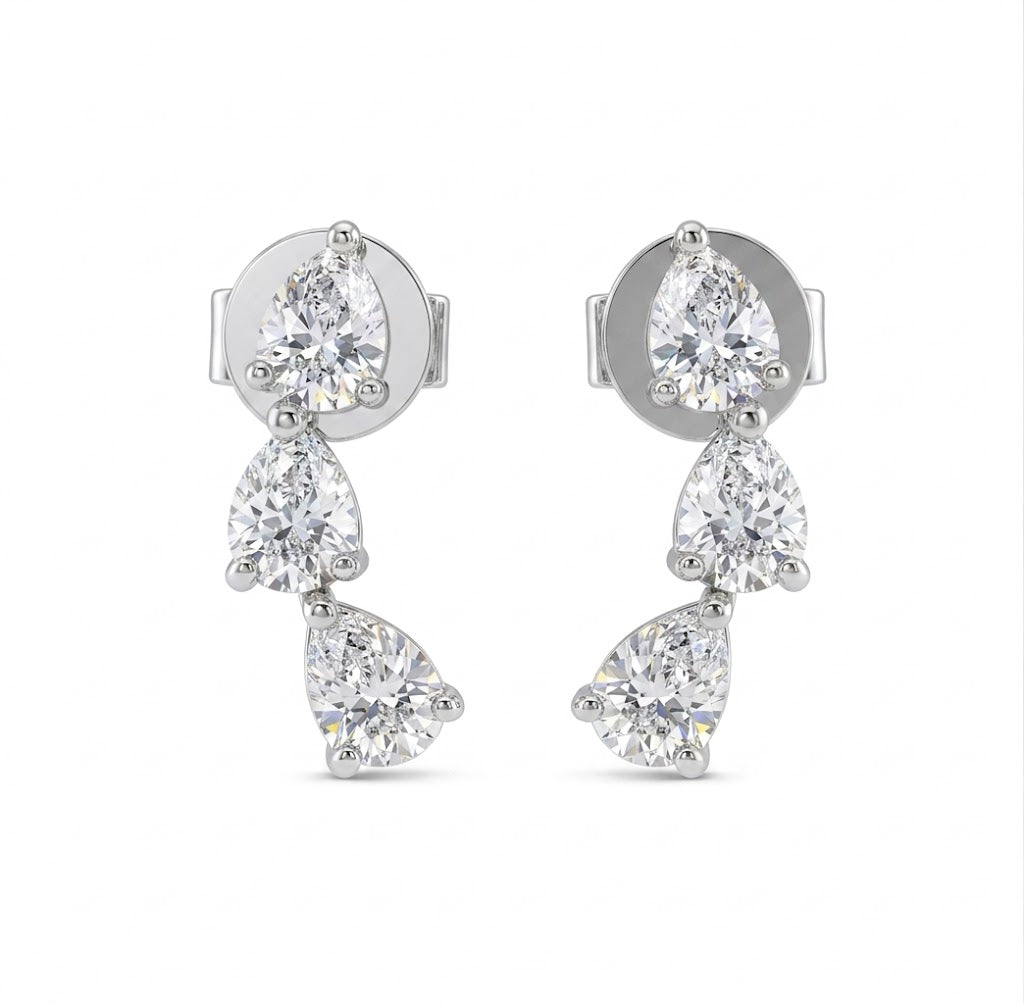 Pear-Shaped Lab-Grown Diamond Dangle Earrings | 14K White Gold | 0.61 CTW Lab-Grown Diamonds | Three-Stone Drop Earrings - Brownee Jewelers
