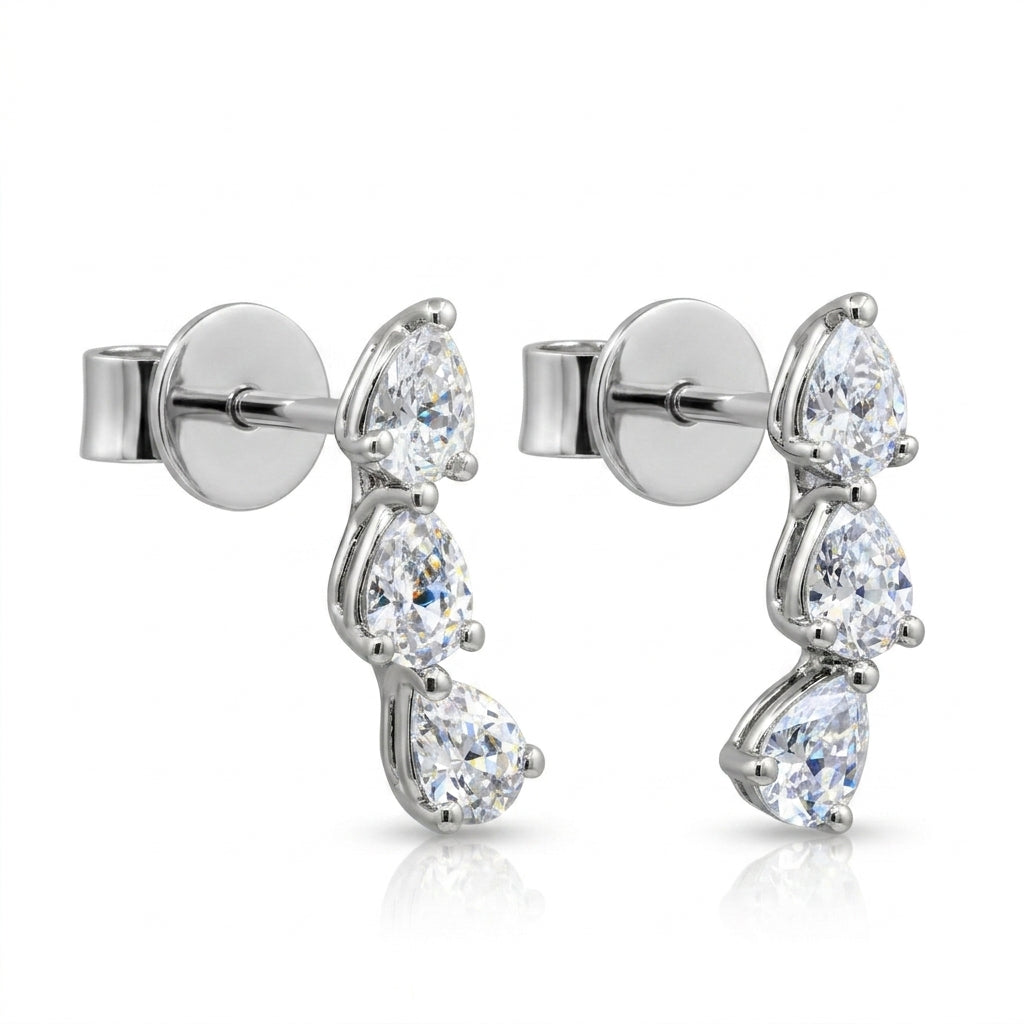 Pear-Shaped Lab-Grown Diamond Dangle Earrings | 14K White Gold | 0.61 CTW Lab-Grown Diamonds | Three-Stone Drop Earrings - Brownee Jewelers