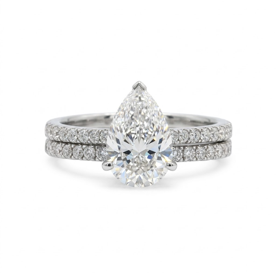 Pear Lab-Grown Diamond Bridal Ring Set | 14K White Gold | 1.53 ct Center with Round Accents | Pavé Engagement Ring & Band - Brownee Jewelers