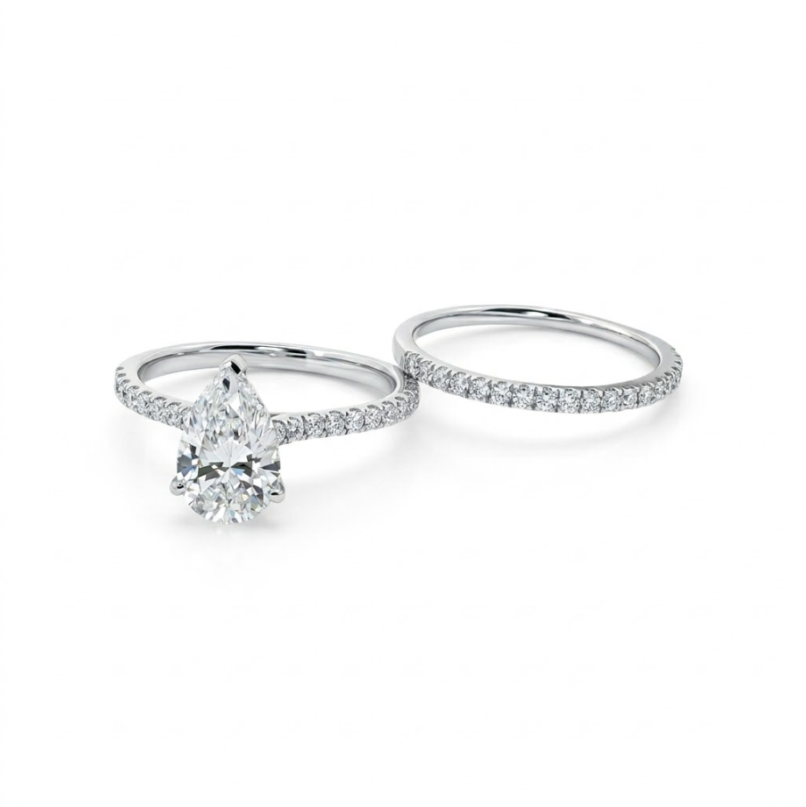 Pear Lab-Grown Diamond Bridal Ring Set | 14K White Gold | 1.53 ct Center with Round Accents | Pavé Engagement Ring & Band - Brownee Jewelers