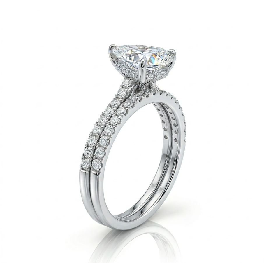 Pear Lab-Grown Diamond Bridal Ring Set | 14K White Gold | 1.53 ct Center with Round Accents | Pavé Engagement Ring & Band - Brownee Jewelers