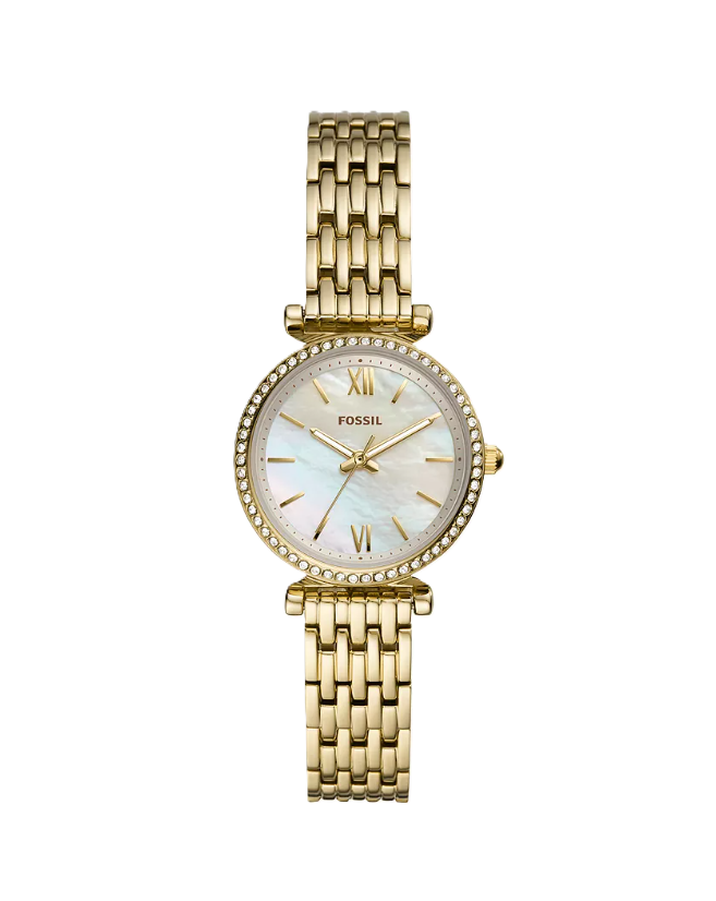 Carlie Mini Three-Hand Watch | Fossil | Gold-Tone Stainless Steel | White Mother-of-Pearl Dial | Crystal Bezel - Brownee Jewelers
