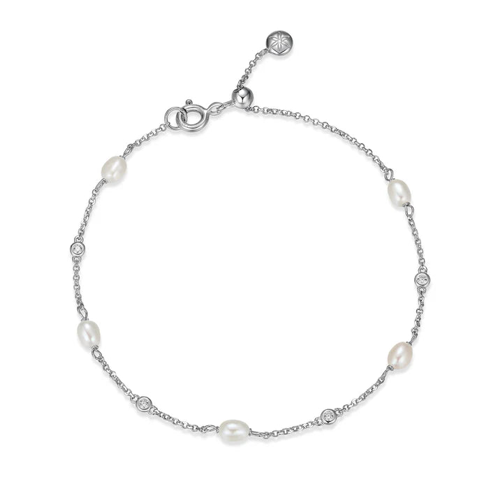 8.5 Inch Sterling Silver 6x4MM Freshwater Pearl & DiamondLite Cubic Zirconia Station Adjustable Bracelet
