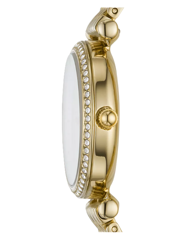 Carlie Mini Three-Hand Watch | Fossil | Gold-Tone Stainless Steel | White Mother-of-Pearl Dial | Crystal Bezel - Brownee Jewelers