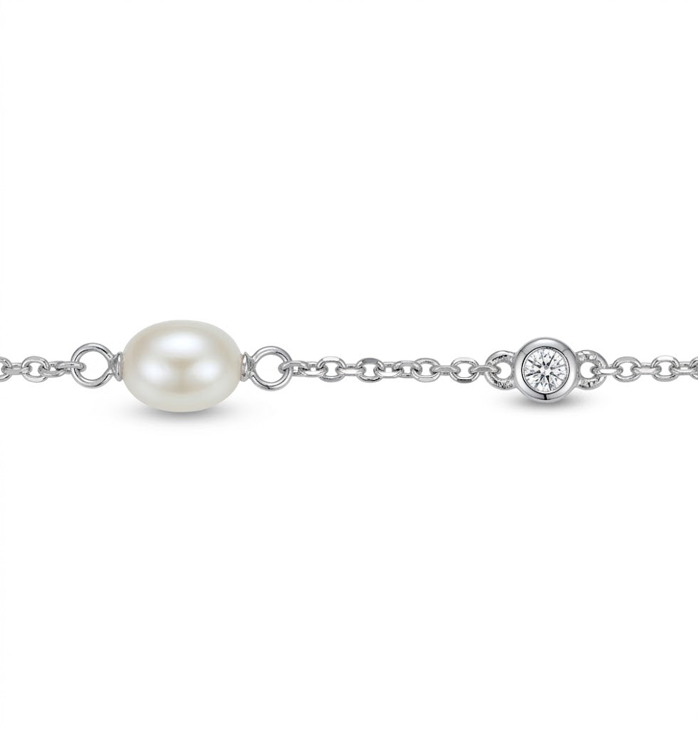 8.5 Inch Sterling Silver 6x4MM Freshwater Pearl & DiamondLite Cubic Zirconia Station Adjustable Bracelet