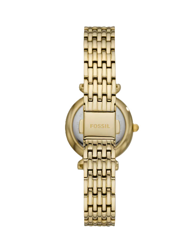 Carlie Mini Three-Hand Watch | Fossil | Gold-Tone Stainless Steel | White Mother-of-Pearl Dial | Crystal Bezel - Brownee Jewelers