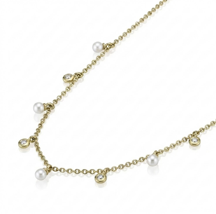 Diamond & Cultured Pearl Necklace | 14K Yellow Gold | 0.04 ctw | Delicate Station Necklace - Brownee Jewelers