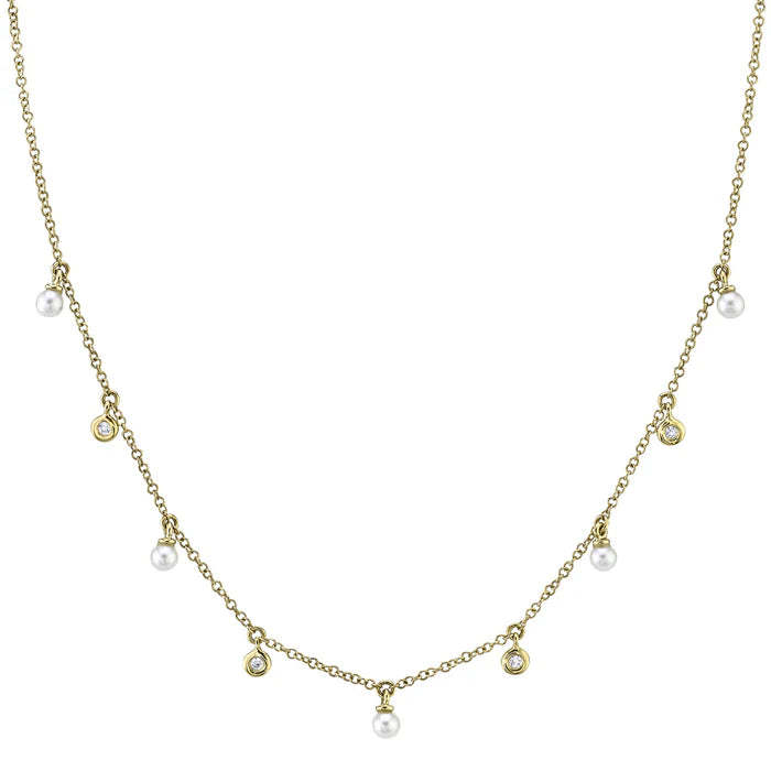 Diamond & Cultured Pearl Necklace | 14K Yellow Gold | 0.04 ctw | Delicate Station Necklace - Brownee Jewelers