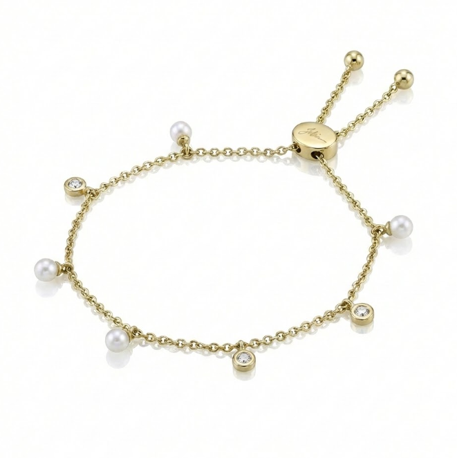 Diamond & Cultured Pearl Adjustable Bracelet | 14K Yellow Gold | 0.04 ctw Diamonds - Brownee Jewelers