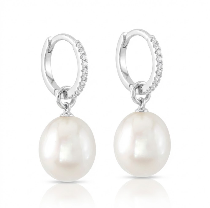 Diamond & Cultured Pearl Drop Earrings | 14K White Gold | 0.06 ctw | Pearl Dangle Earrings - Brownee Jewelers
