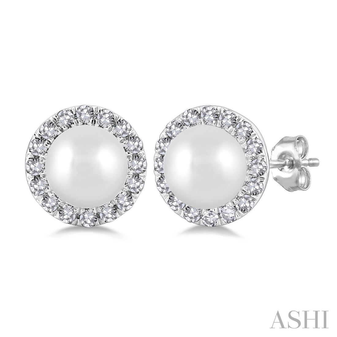 10K White Gold Pearl & Diamond Halo Stud Earrings – 1/8 CTW