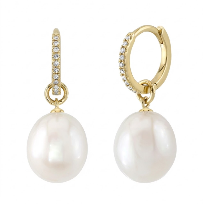 Diamond & Cultured Pearl Drop Earrings, 0.06 ctw | 14K Yellow Gold | Huggie Back | BRN-DPE006 - Brownee Jewelers