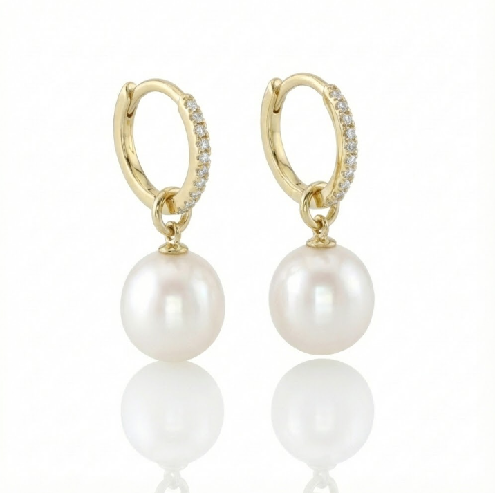 Diamond & Cultured Pearl Drop Earrings, 0.06 ctw | 14K Yellow Gold | Huggie Back | BRN-DPE006 - Brownee Jewelers