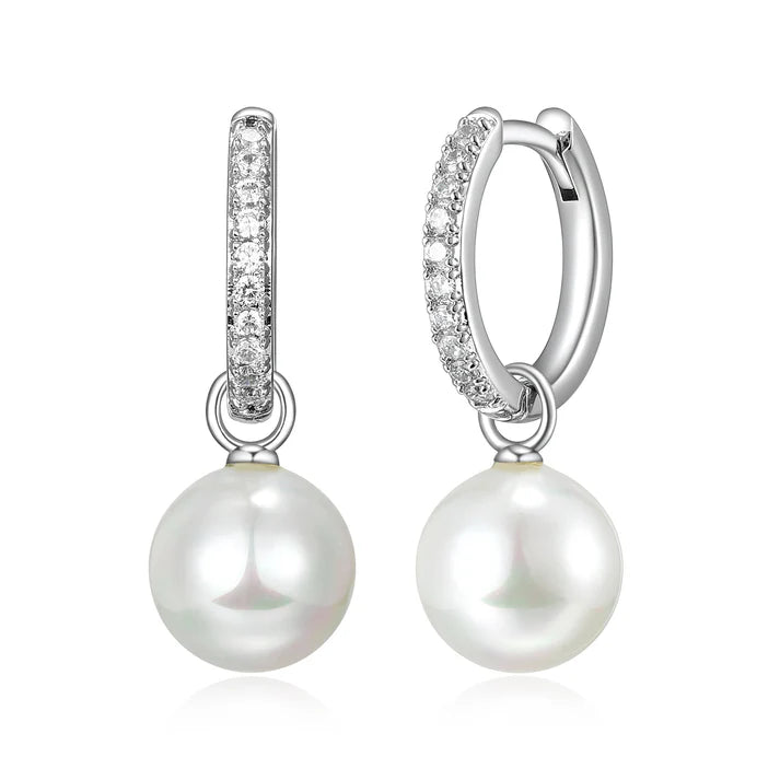 Sterling Silver DiamondLite Cubic Zirconia & 9MM Shell Pearl Huggie Drop Earrings