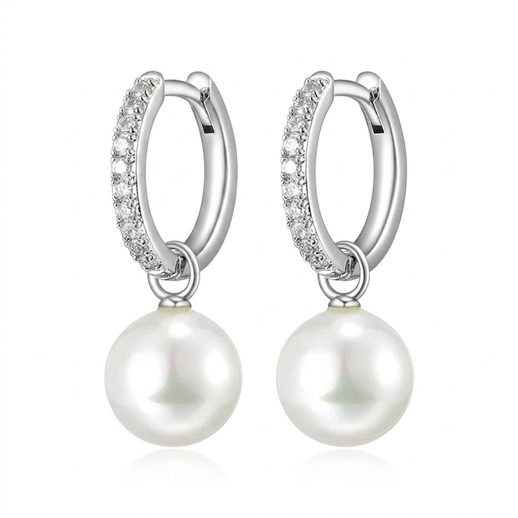 Sterling Silver DiamondLite Cubic Zirconia & 9MM Shell Pearl Huggie Drop Earrings