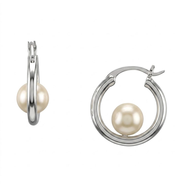 Freshwater Cultured Pearl Hoop Earrings | Sterling Silver Rhodium-Plated | 15mm Hoops | 6–6.5mm White Pearls | 623565/FW - Brownee Jewelers