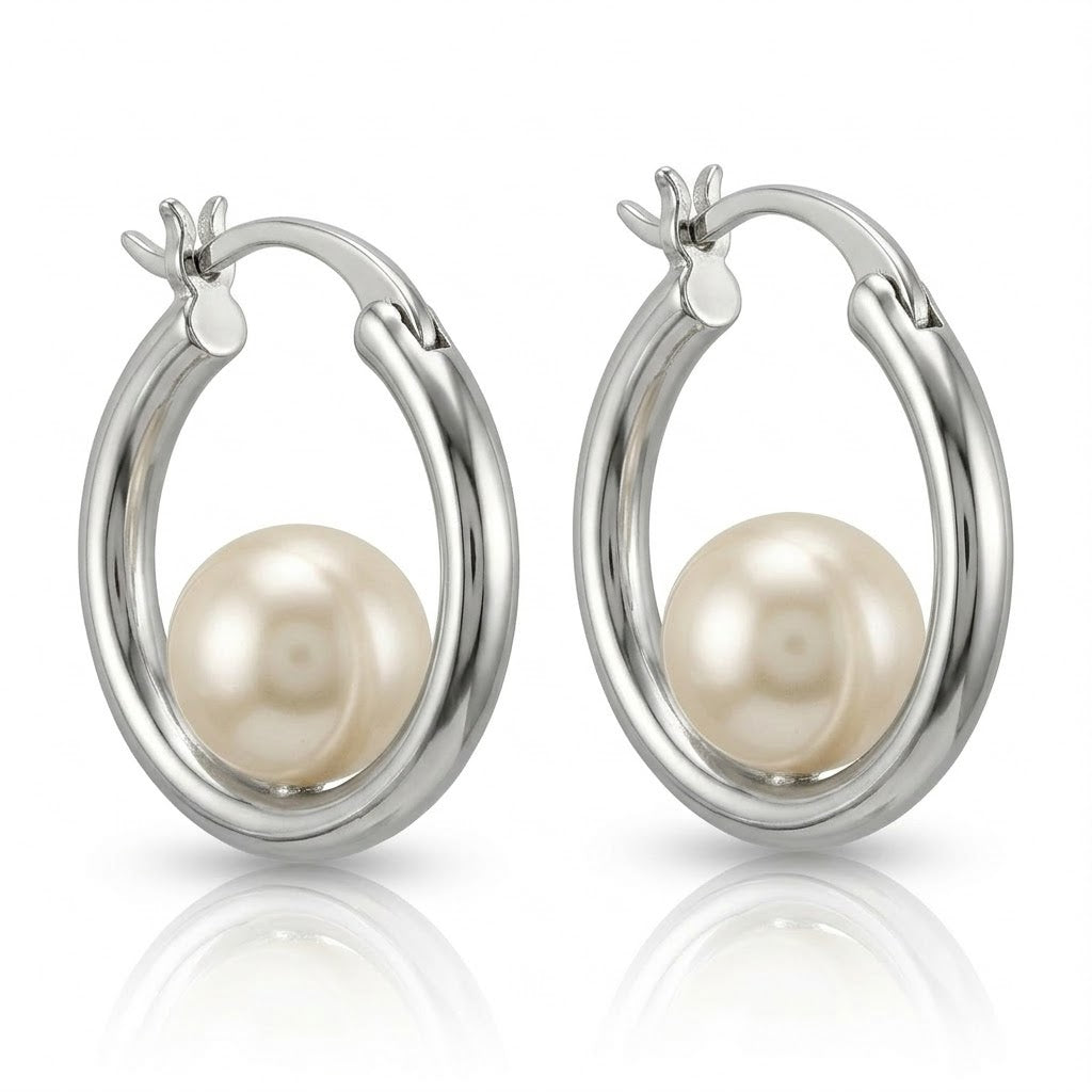 Sterling Silver Rhodium-Plated 6–6.5mm Freshwater Cultured Pearl Hoop Earrings