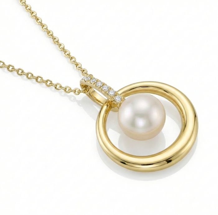 Pearl & Diamond Circle Necklace | 14K Yellow Gold | Round Diamond Accent | 18" - Brownee Jewelers