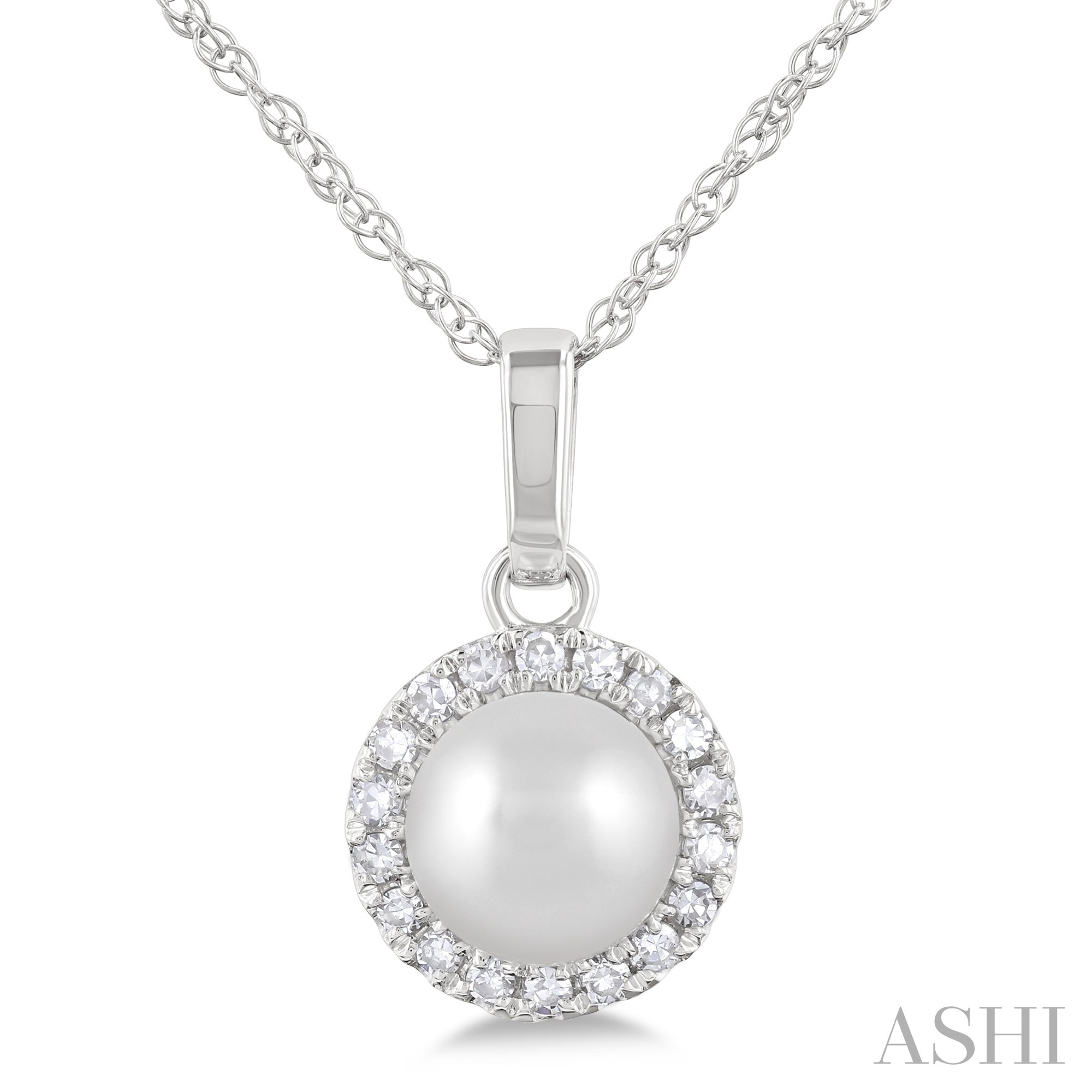 Pearl & Diamond Halo Pendant in 10K White Gold