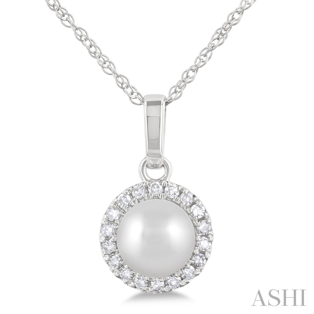Pearl & Diamond Halo Pendant in 10K White Gold