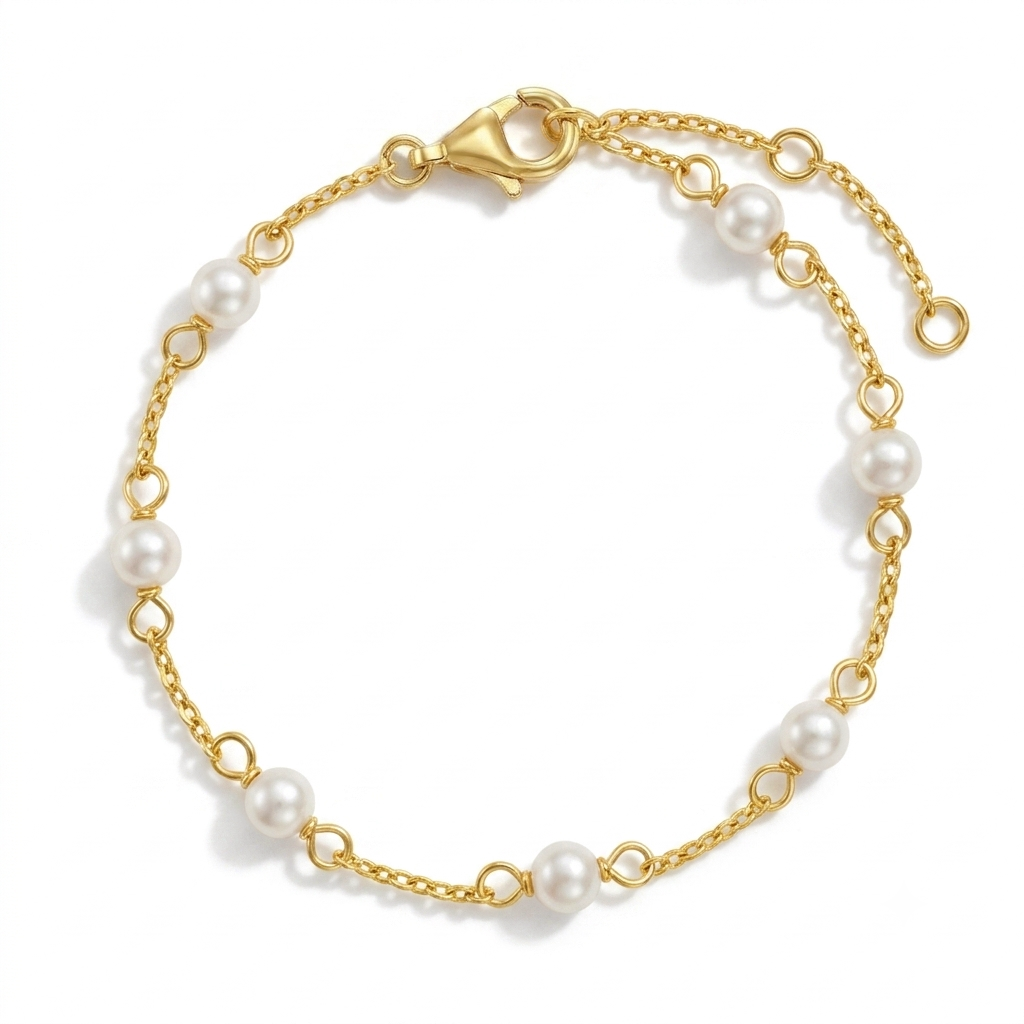 Adjustable 5 to 6 Inch Sterling Silver and 14K Yellow Gold-Plated Kids Freshwater Pearl Station Bracelet