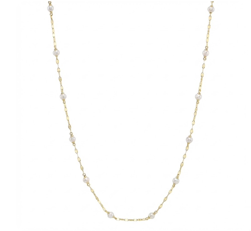 Cultured Pearl Sparkle Chain Necklace | 14K Yellow Gold | Station Pearl Necklace - Brownee Jewelers