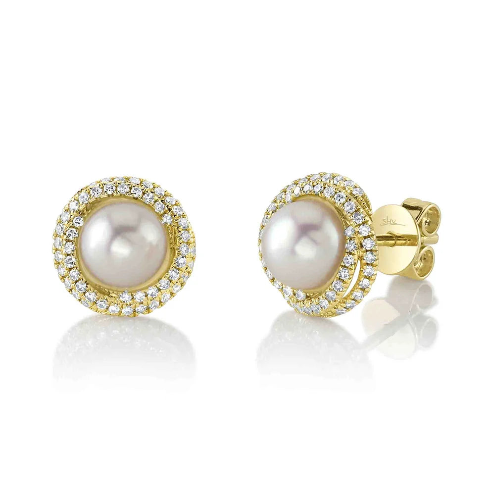 DIAMOND AND CULTURED PEARL STUD EARRING IN 14K YELLOW GOLD