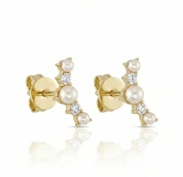 Diamond & Cultured Pearl Stud Earrings | 14K Yellow Gold | 0.09 ctw Diamonds - Brownee Jewelers