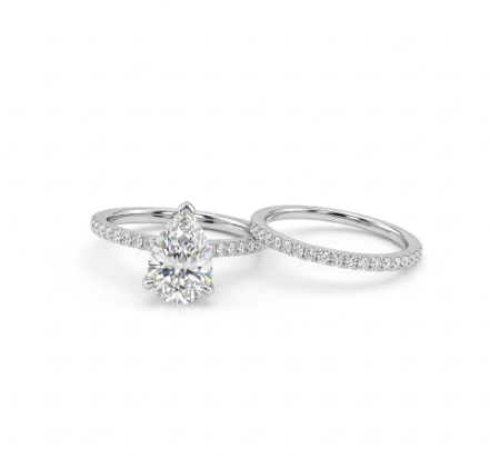 Pear Lab-Grown Diamond Bridal Ring Set | 14K White Gold | 2.05 ct Pear | G color, VS1 | Pavé Engagement Ring & Matching Band - Brownee Jewelers