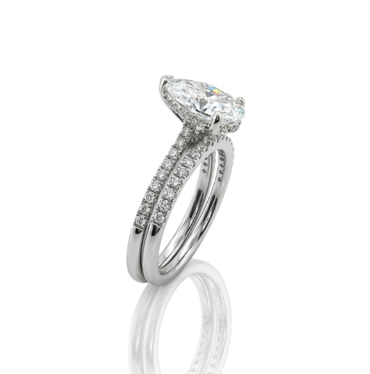 Pear Lab-Grown Diamond Bridal Ring Set | 14K White Gold | 2.05 ct Pear | G color, VS1 | Pavé Engagement Ring & Matching Band - Brownee Jewelers