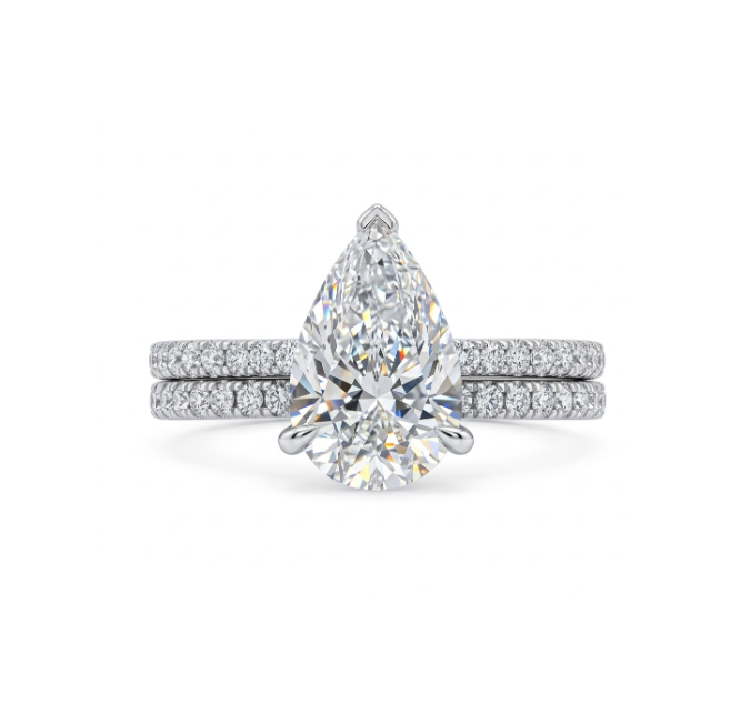 Pear Lab-Grown Diamond Bridal Ring Set | 14K White Gold | 2.05 ct Pear | G color, VS1 | Pavé Engagement Ring & Matching Band - Brownee Jewelers